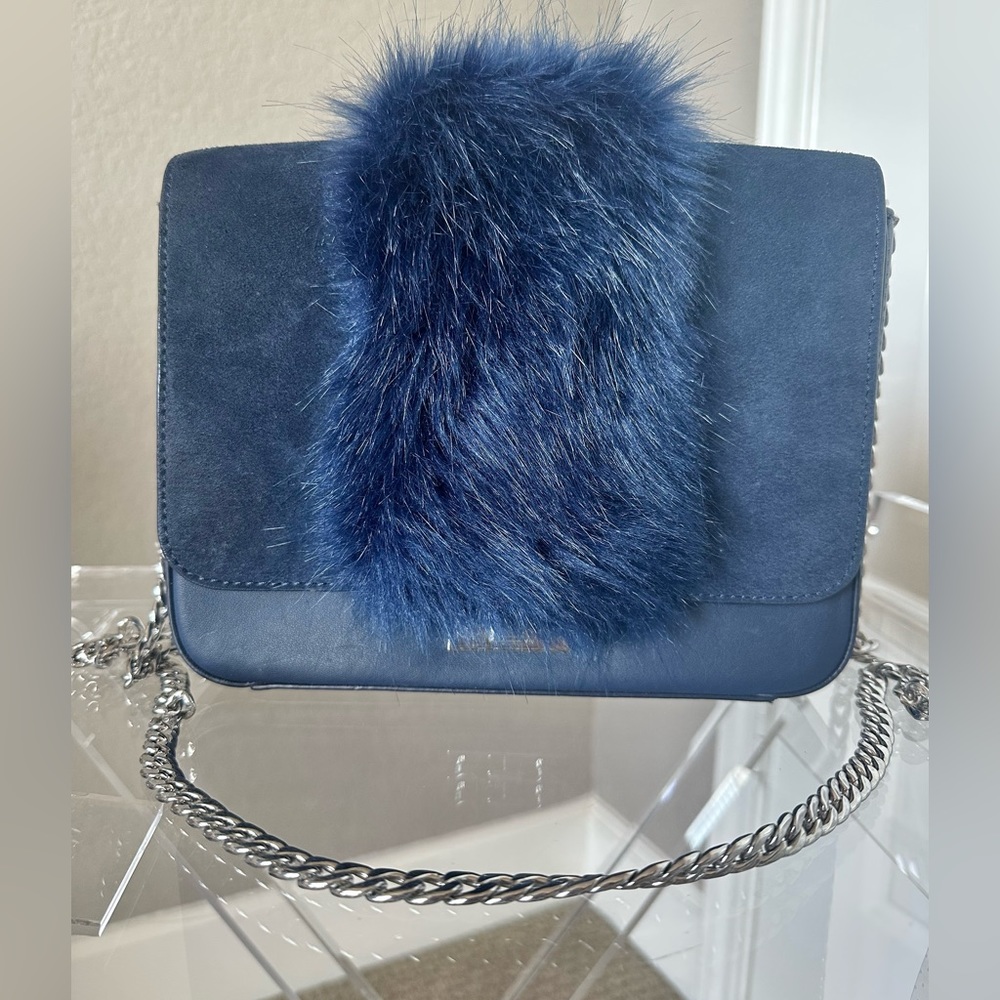 Loeffler Randall Faux Fur Blue Crossbody Bag Leather